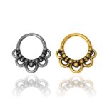 aro de acero quirúrgico con circulos en formma de V, disponible en dorado o plateado, perfecto para septum, daith, helix