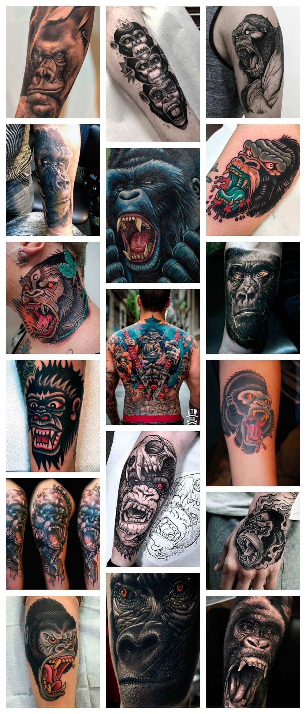 Galería de tatuajes reales de gorilas en brazos, piernas, cuello, espalda, pecho ...