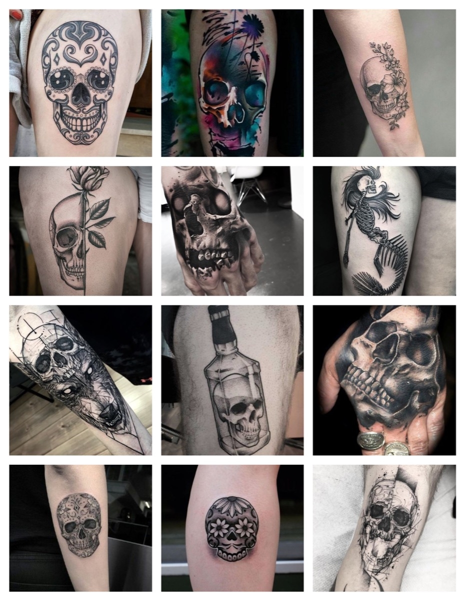 Ejemplo de tatuajes de calaveras convencionales en diferentes partes del cuerpo
