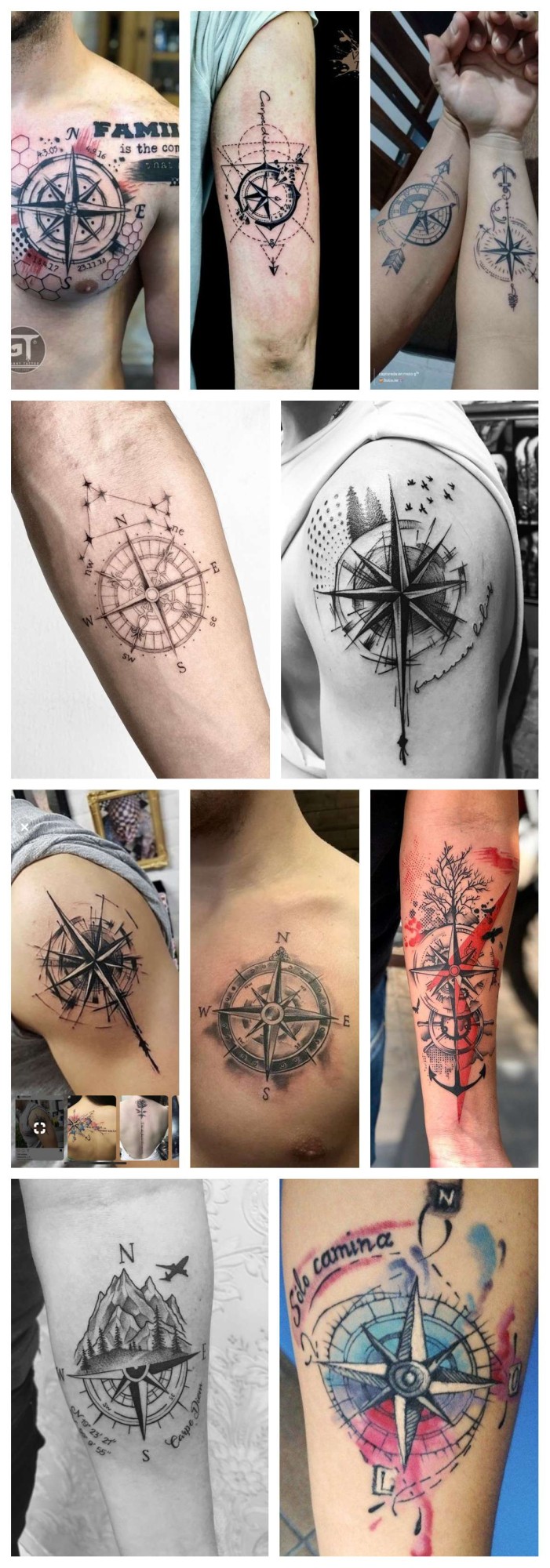 Galeria de tatuajes de la rosa de los vientos en diferentes partes del cuerpo en hombres y mujeres