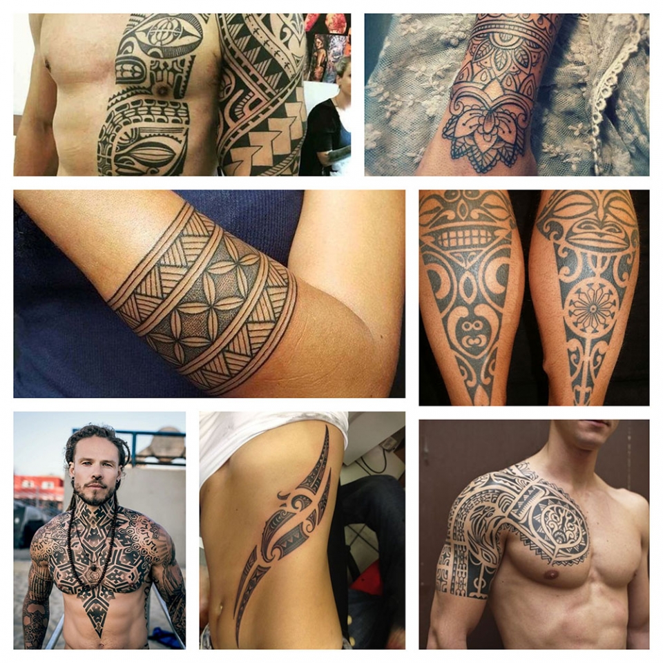 Diferentes tipos de tatuajes tribales en los brazos, espalda, muñecas y piernas