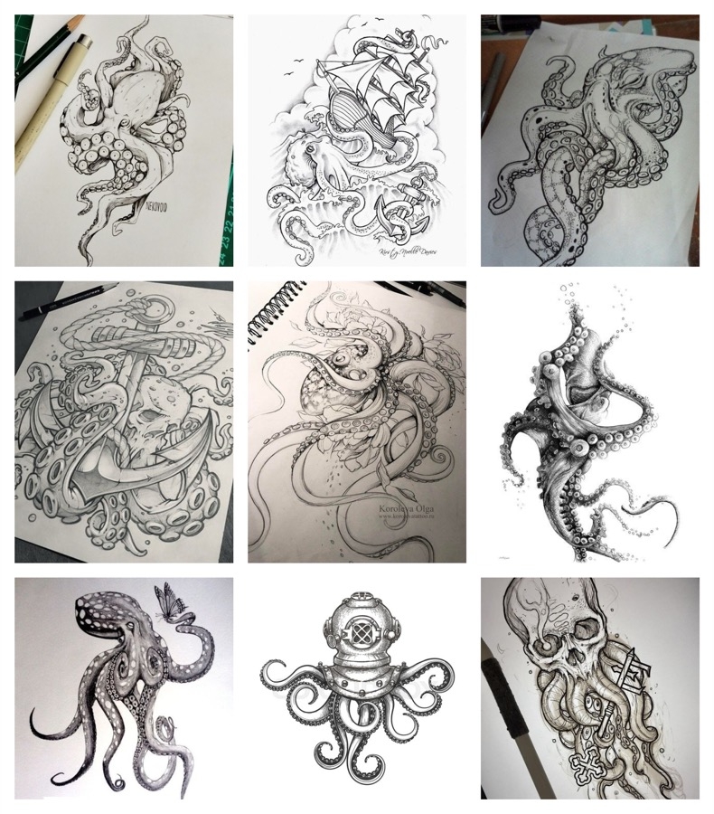 Bocetos y diseños para hacerte un tatauje de un pulpo