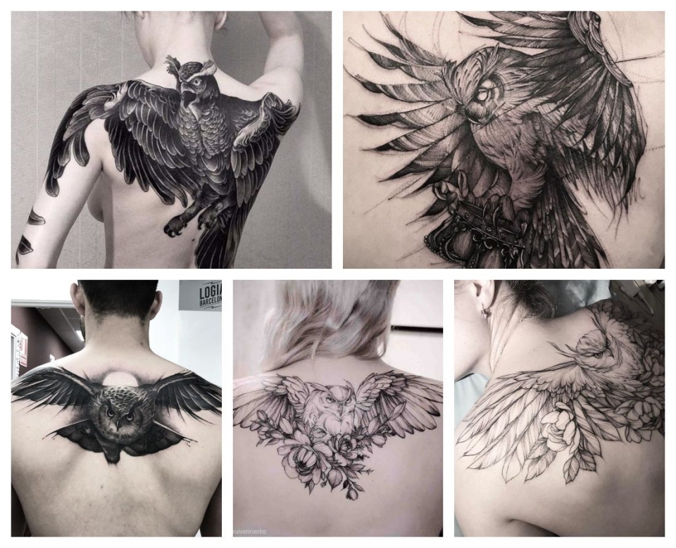 Ejemplos de tatuajes de buhos en la espalda