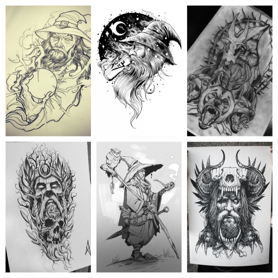 Iinspiración y bocetos de diferentes tatuajes de magos, hechiceros y brujos.