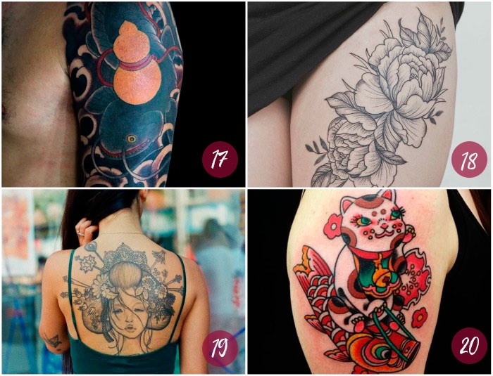 tatuaje geisha, koinobori, peonia y namazu