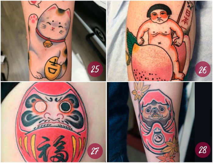 Daruma, Maneki Neko, Momotaro y Tanuki Tattoo tatuajes