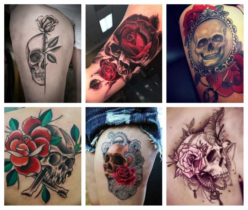 Ejemplo de tatuajes de rosas y calaveras