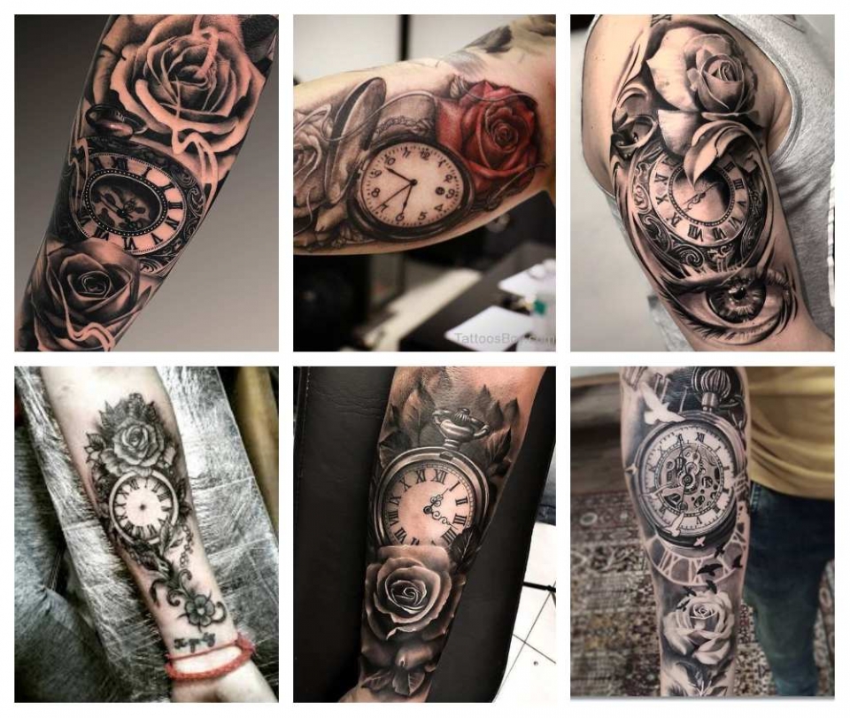 Ejemplo de tatuajes de rosas y relojes
