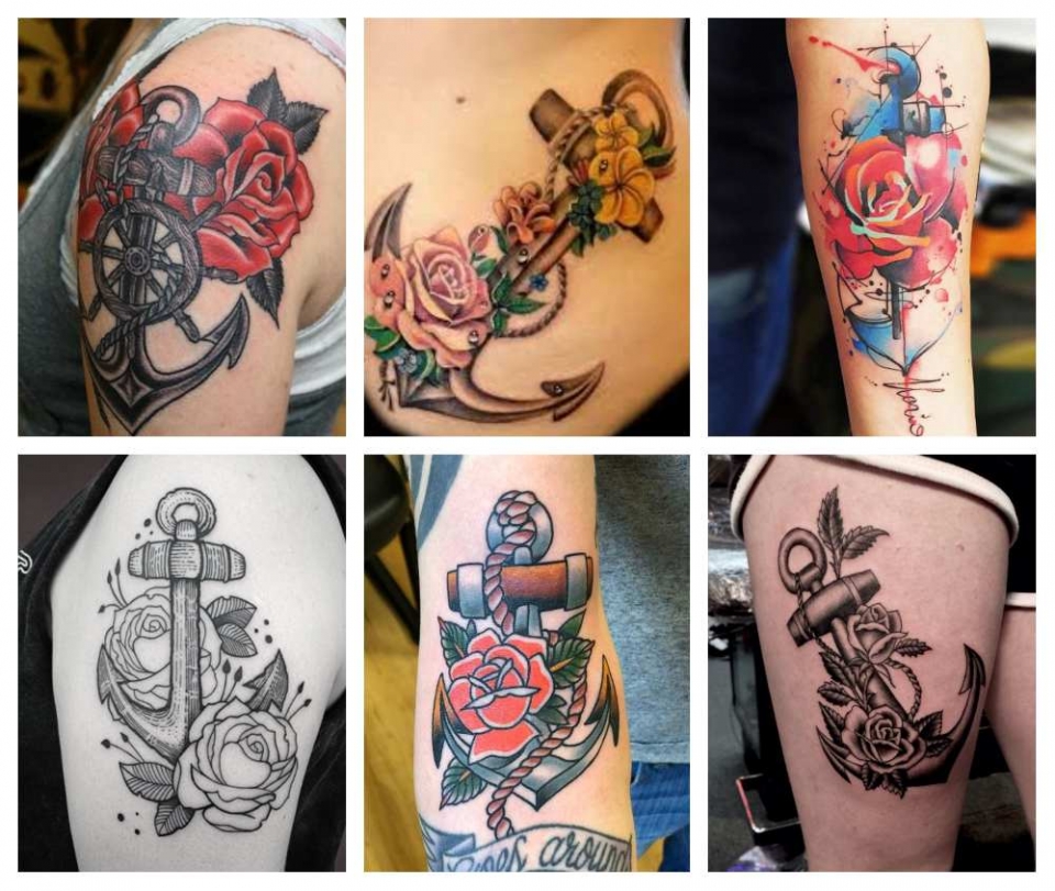 Ejemplo de tatuajes de rosas y anclas
