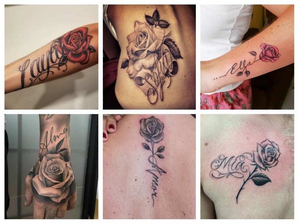 ejemplos de tatuajes de rosas con nombres en diferentes partes del cuerpo